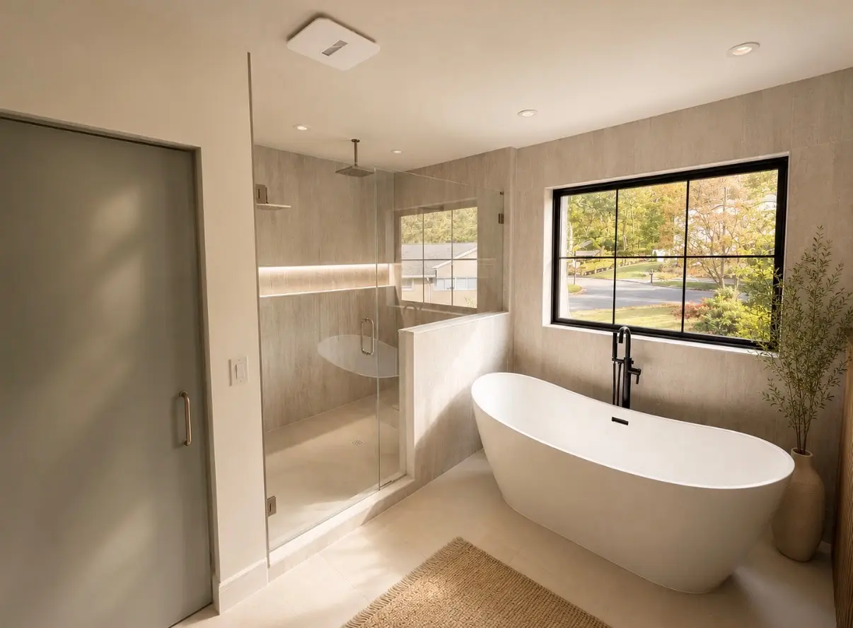 New construction bathroom with tiled shower by ARS Home Improvement